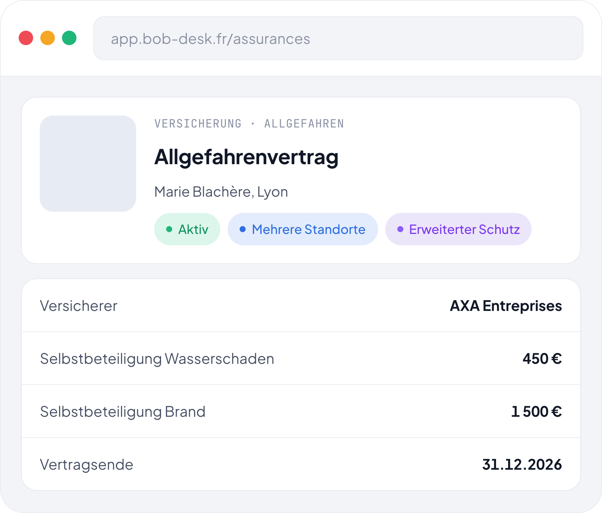 Bob! Desk Oberfläche – Versicherungsmanagement