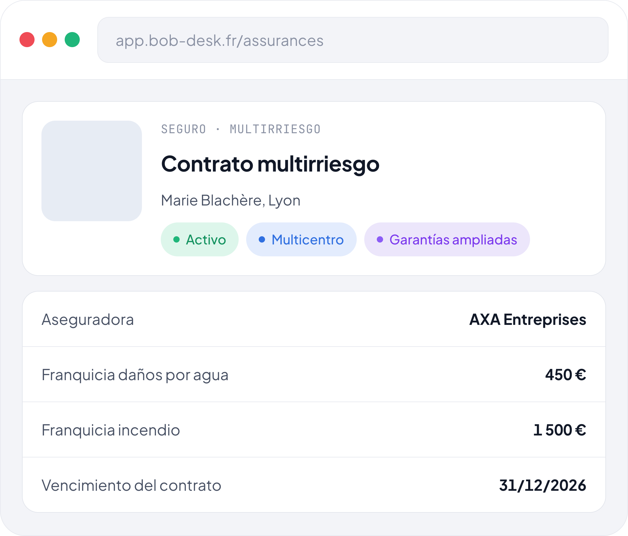 Interfaz Bob! Desk - Gestión de seguros