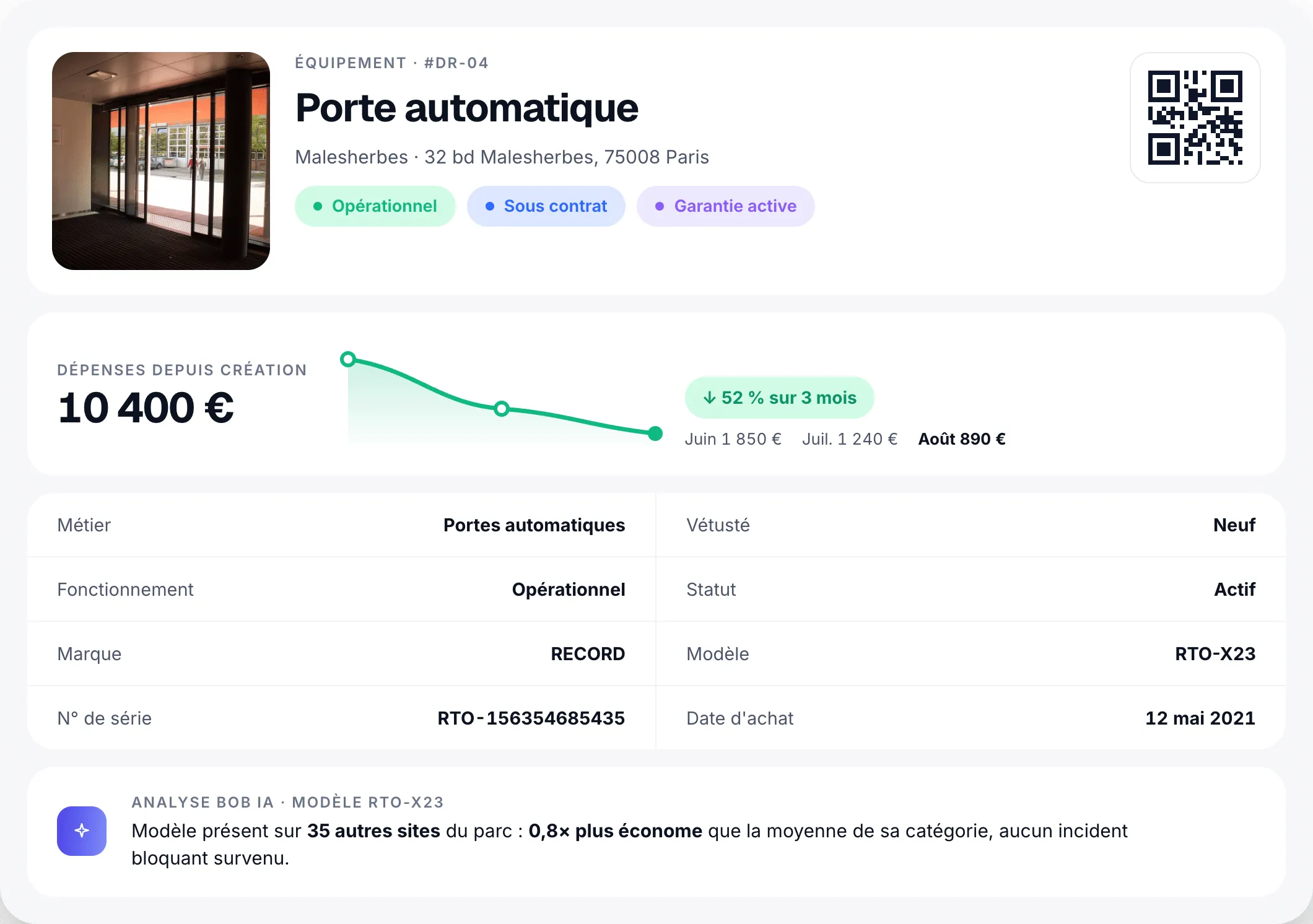 Fiche équipement Porte automatique dans Bob! Desk : garantie valide jusqu'au 12/11/26, prochaine maintenance annuelle le 19/09/2026, niveau d'incident élevé et coût de 5 700 € sur 12 mois