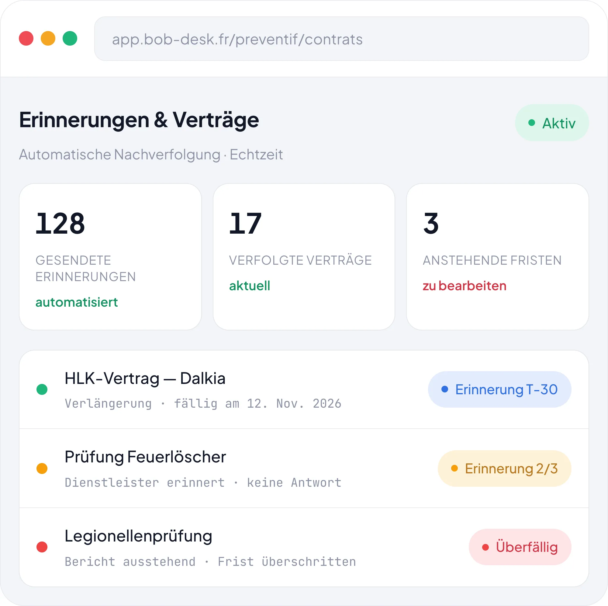 Bob! Desk Oberfläche – Erinnerungen & Verträge