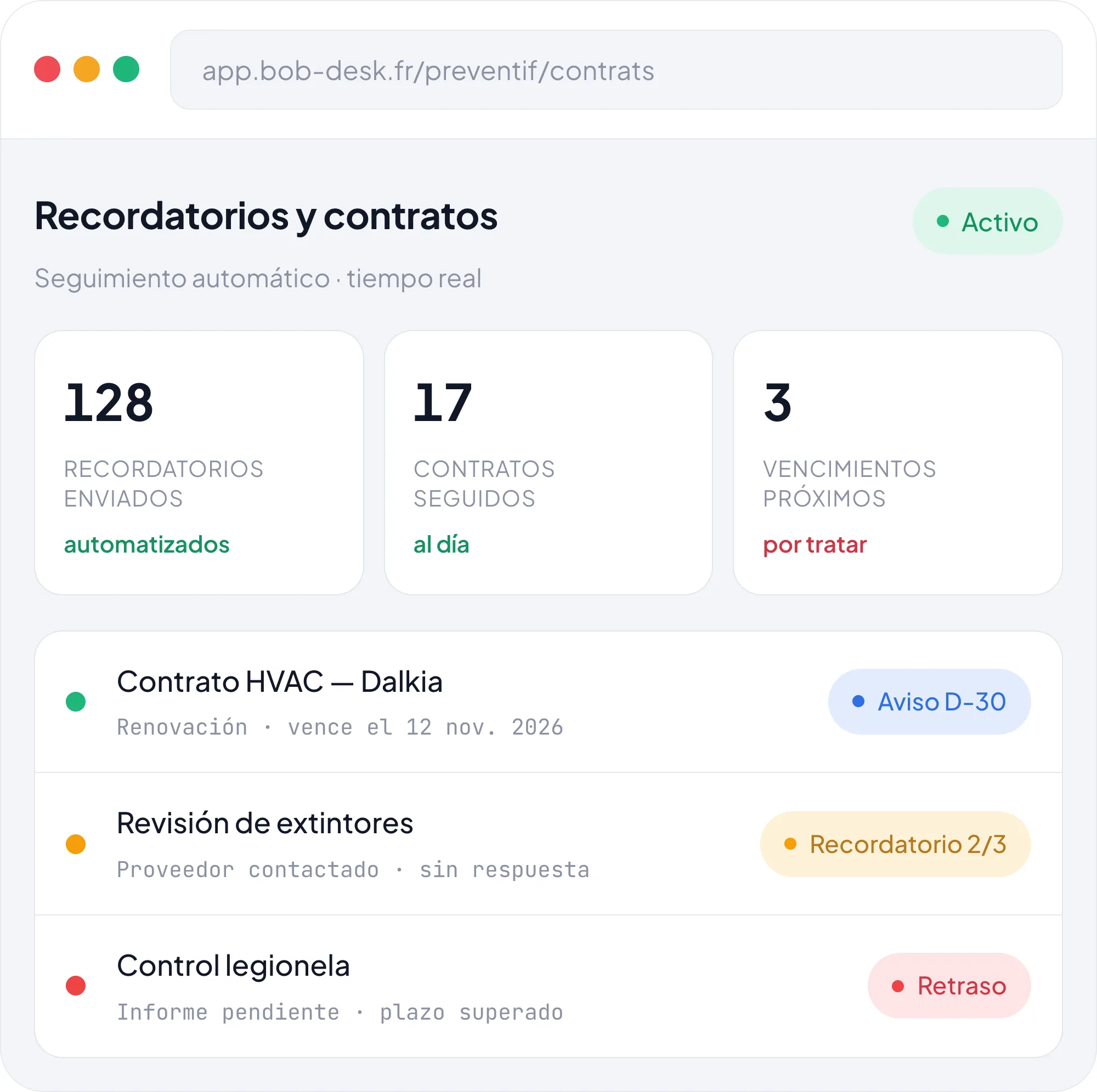 Interfaz Bob! Desk - Recordatorios & contratos