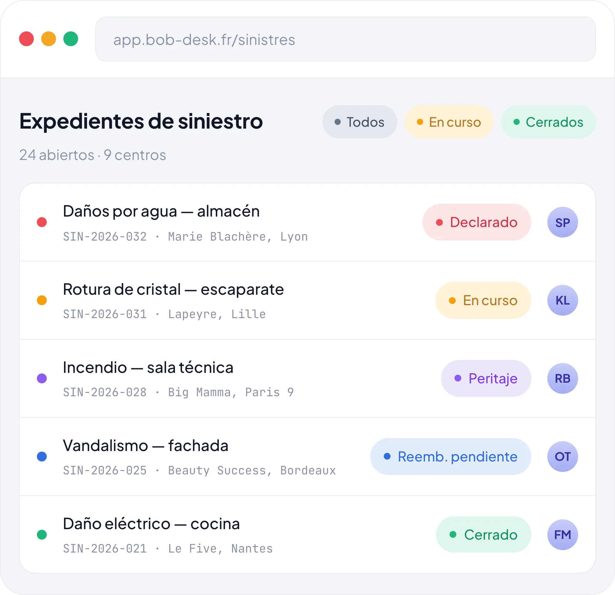 Interfaz Bob! Desk - Expedientes de siniestro