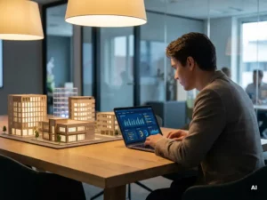 Facility-Manager analysiert digitales Dashboard auf Laptop, umgeben von Architekturmodellen mehrerer Gebäude auf Konferenztisch.