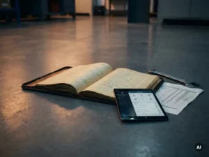 Wartungsauftrag-Tablet mit Checklisten neben einem Buchhaltungshauptbuch, Schraubenschlüssel und Tabellendruck auf Betonboden.