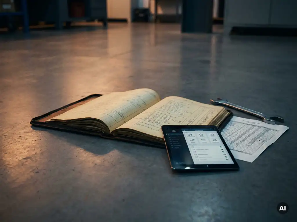 Wartungsauftrag-Tablet mit Checklisten neben einem Buchhaltungshauptbuch, Schraubenschlüssel und Tabellendruck auf Betonboden.